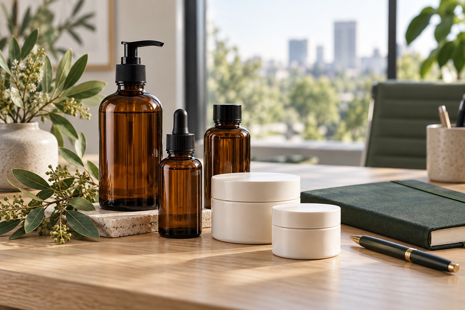 Amber skincare bottles and ivory cosmetic jars on an oak desk