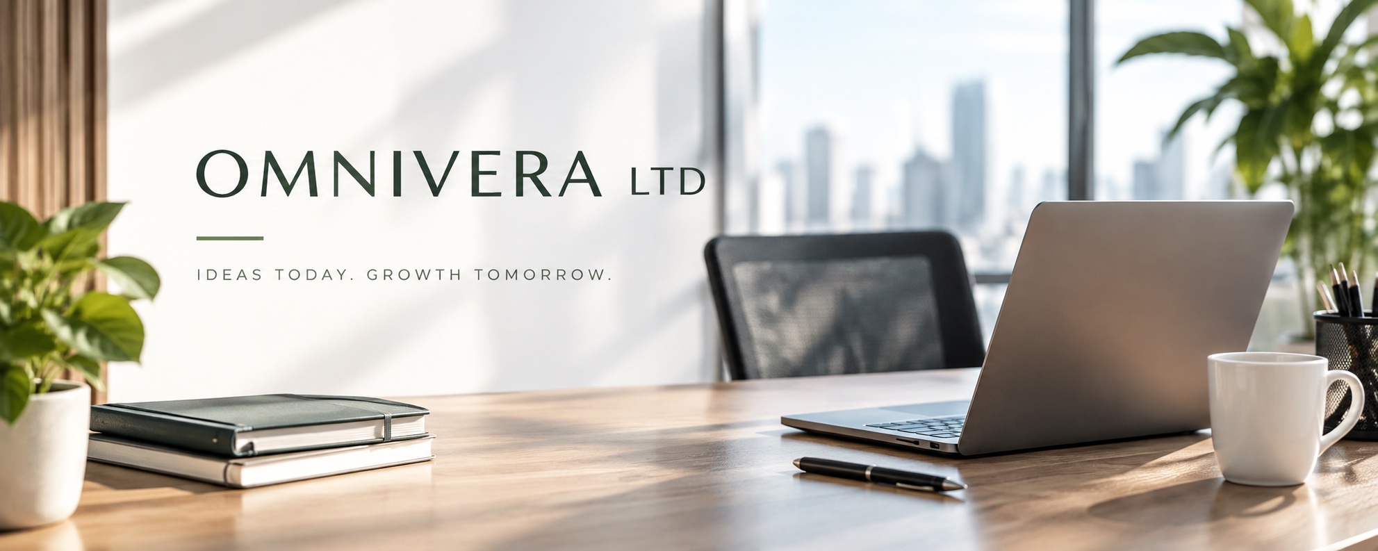 OMNIVERA LTD. Ideas today. Growth tomorrow. A sunlit office with a laptop, notebooks and green plants.
