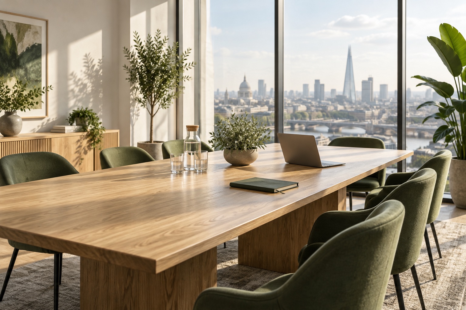 Sunlit contemporary office with natural wood and sage green chairs